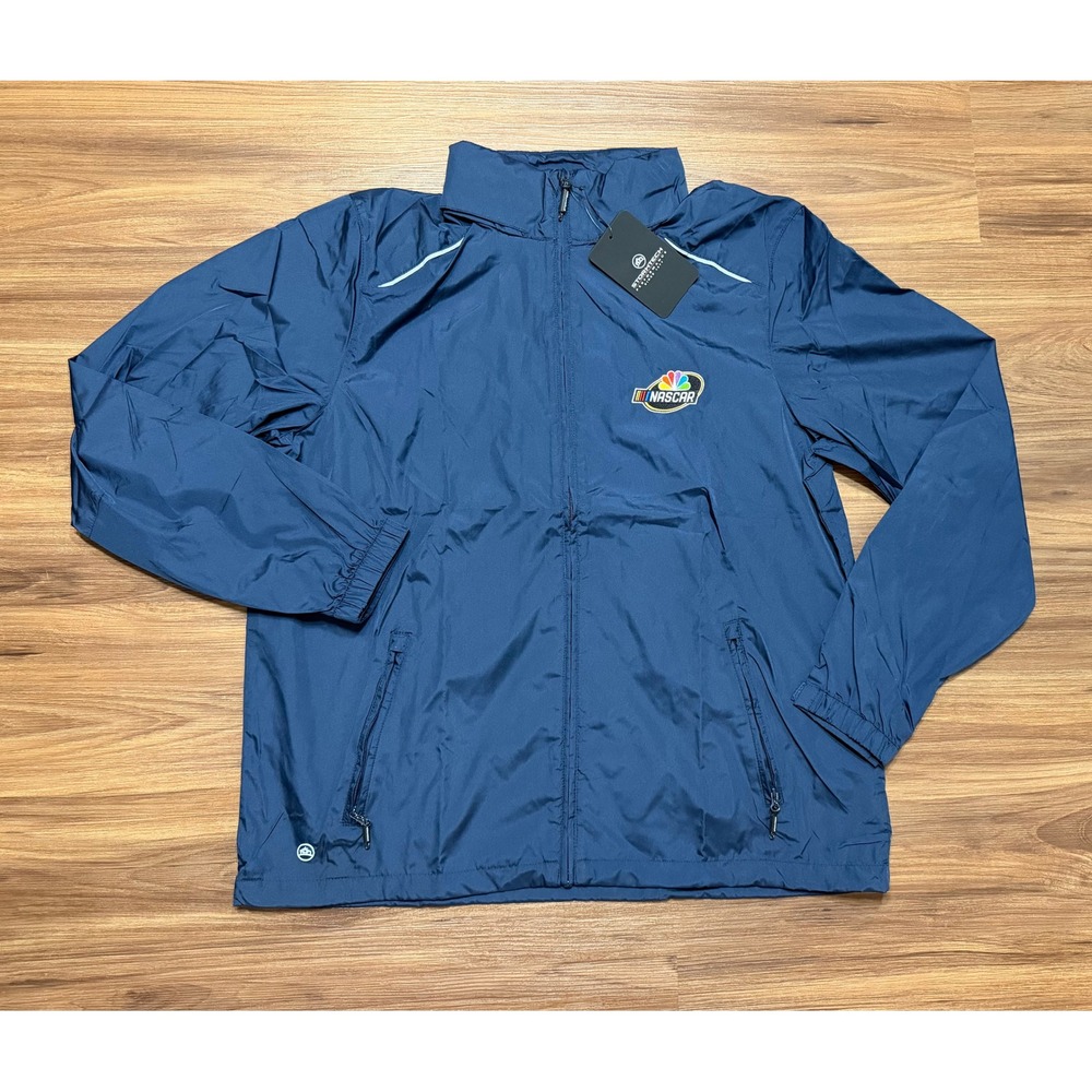 Stormtech Mens NASCAR Windbreaker Hidden Hooded Jacket Navy Blue Full Zip Sz XL